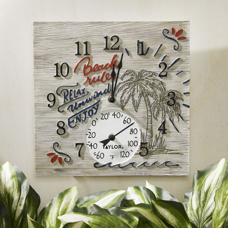 Taylor Precision Products, Beach Rules Poly Resin Clock and Thermometer, 14 Inch, Multi-Color