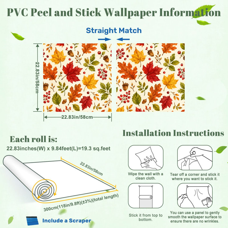 Papier peint auto-adhésif à peler et coller feuilles d'automne saison d'automne feuilles de chêne glands de baies rouges papier contact mural amovible auto-adhésif pour armoires de cuisine de chambre à coucher 24 po x 118 po