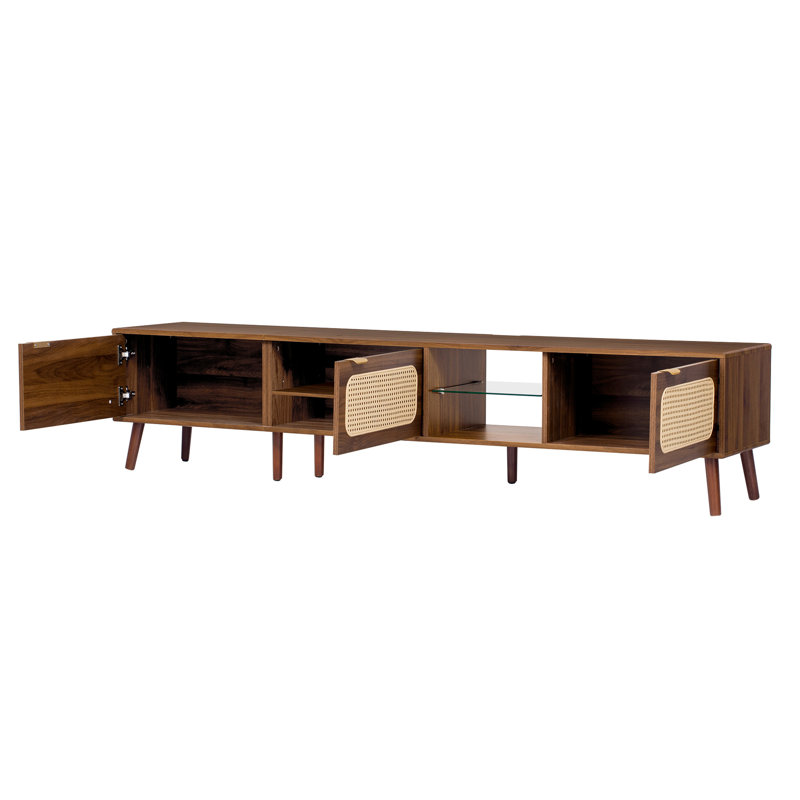 Meuble télé 78 po, console de 70, 79 po, chambre à coucher, centre de divertissement, tablette ouverte, rangement fermé, charnières à fermeture en douceur, poignée à tirer, structure en bois massif, support pour abat-jour couleur noyer