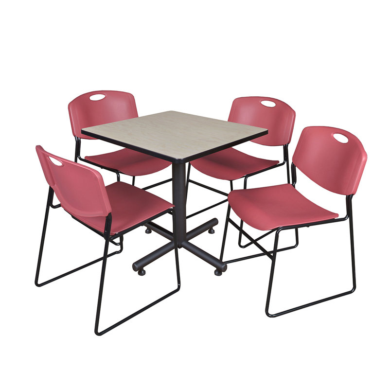 Table de salle de repos carrée Nicklas, 4 chaises empilables Zeng, Érable, Gris