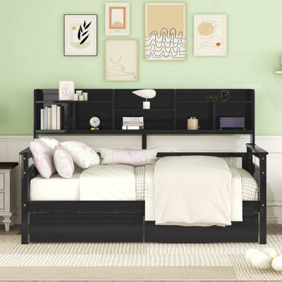 Daybed, Wood Slat Support, With Bedside Shelves And Two Drawers, Espresso