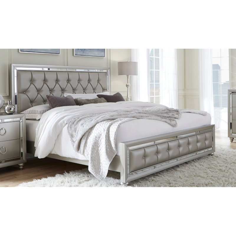 Lit de taille argent Gemstone - bois massif et, garniture de miroir, support à 3 lattes + pieds, cadre de lit intérieur de l 76 po x l 56 po, traverse latérale de 14 po de hauteur, garniture de support pleine grandeur de ton argent gris, garniture de 7,5 po de hauteur