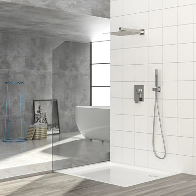 12 Inch Wall Mounted Square Dual Shower System, Balanced Valve, Brushed Nickel Finish, Rainfall And Handheld With 360 Swivel Function Head, Rough - In Easy To Install Design
