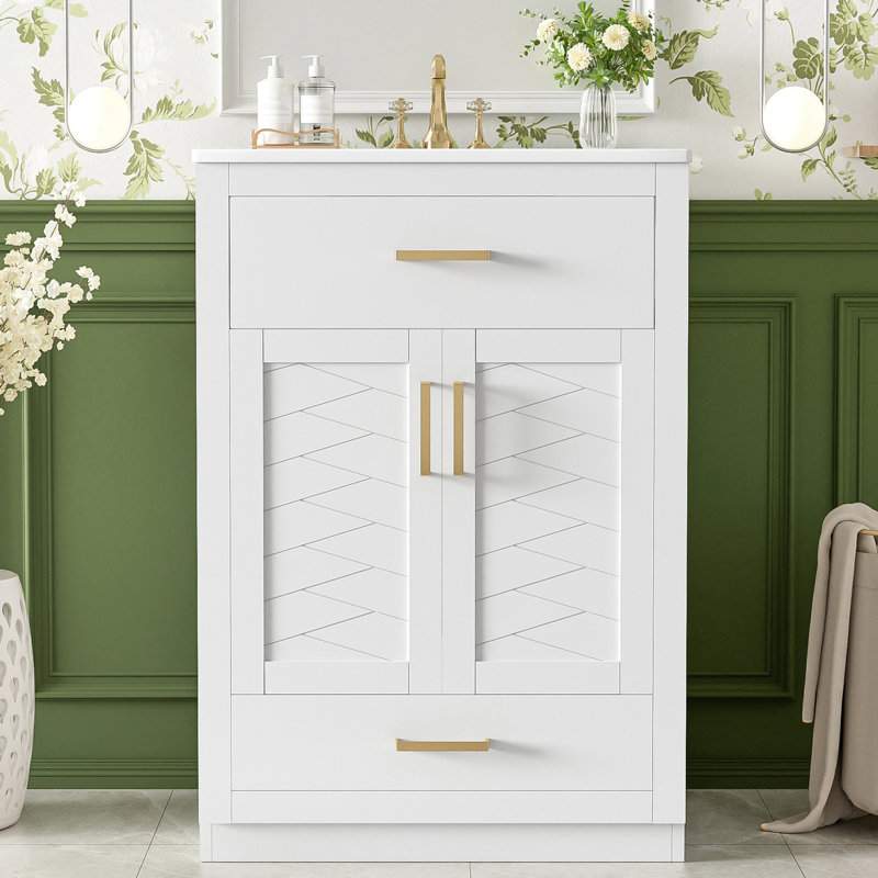 24" Freestanding Bathroom Vanity With Ceramic Top, White