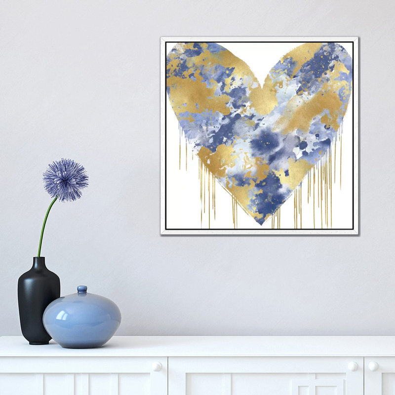 Big Hearted Blue And Gold by Lindsay Rodgers - Print on Canvas, White Framed, 45.72cm H x 45.72cm W x 3.81cm D