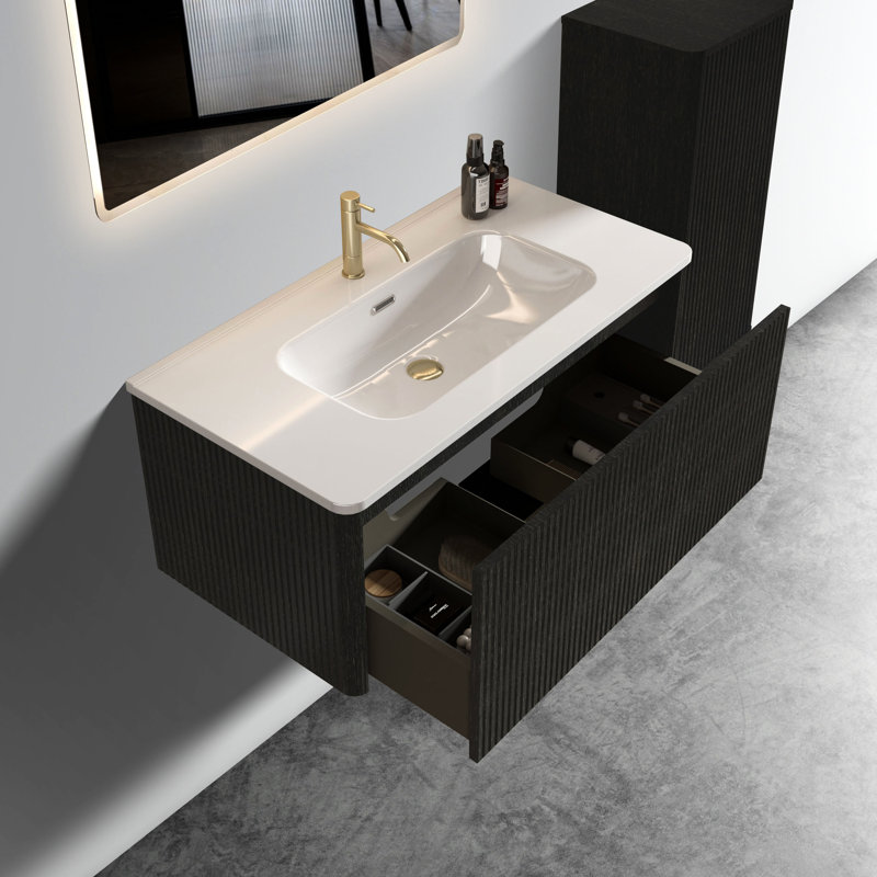 Floating Bathroom Vanity Drawer Liner - With Striped Ceramic Sink Spacious Stylish, Black, 36"