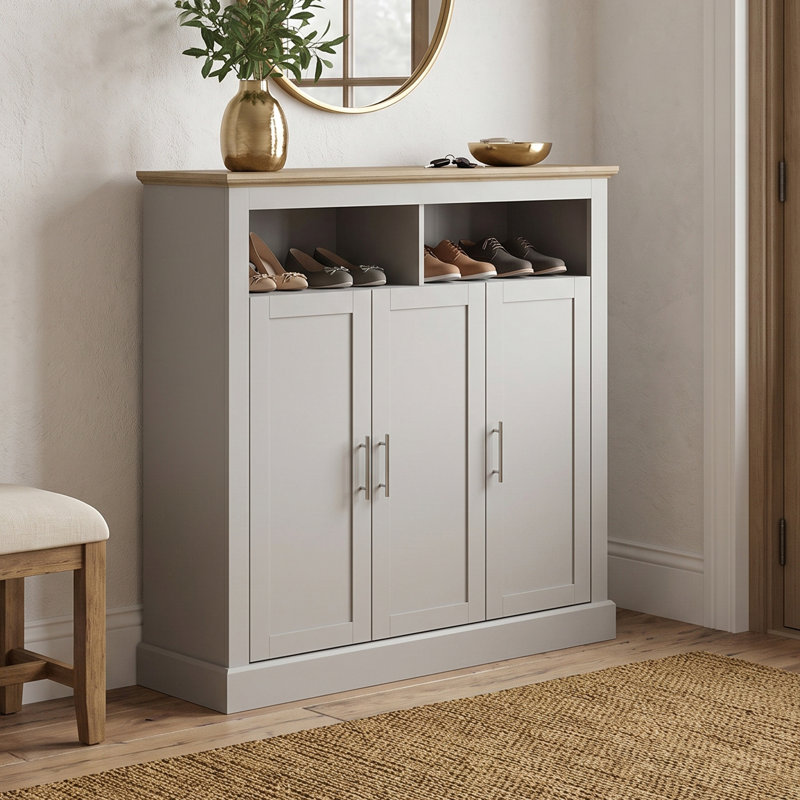 3 Door Shoe Cabinet with Open Shelves, Light Grey