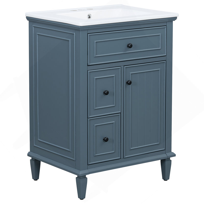 Meuble-lavabo avec lavabo, meuble-lavabo avec tablette réglable, un tiroir rabattable et deux tiroirs, Bleu gris