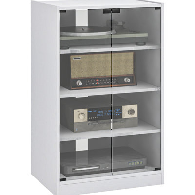 4 Media Cabinet, Tempered Glass Doors, Adjustable Shelves, Cable Management, Distressed White For Portable Players Audio Modern With Shelves & Managed, Fascinatingly