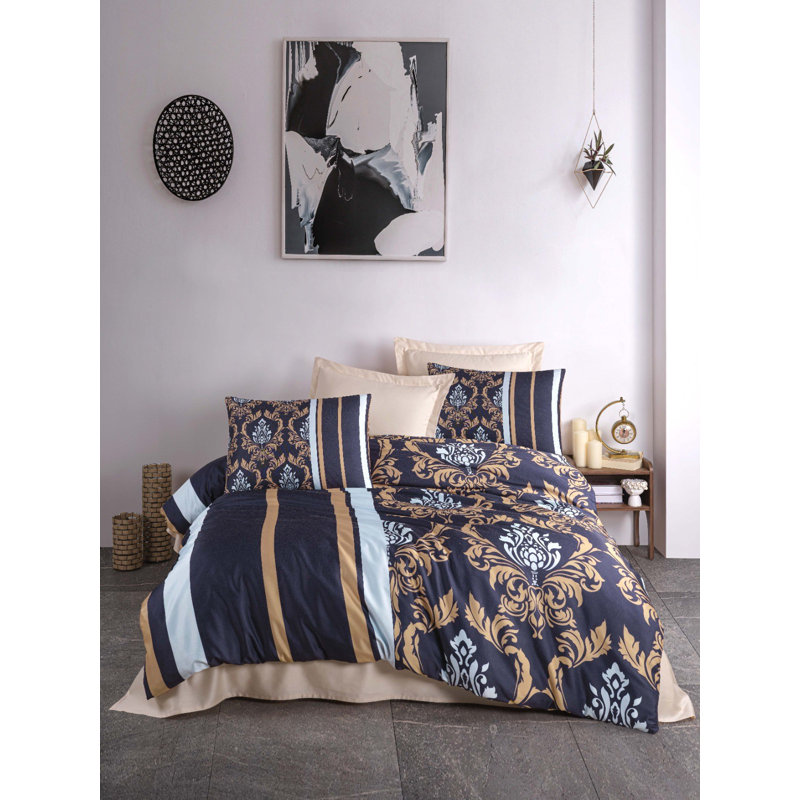 Luxurious King Quilt Cover Set, Dark Blue & Gold, 98.4 x 78.7 inches | 100% Polyester Microsatin & 100% Cotton, 140 Thread Count | Machine Washable, Zipper Closure, Elegant 3D Printing, Soft & Durable