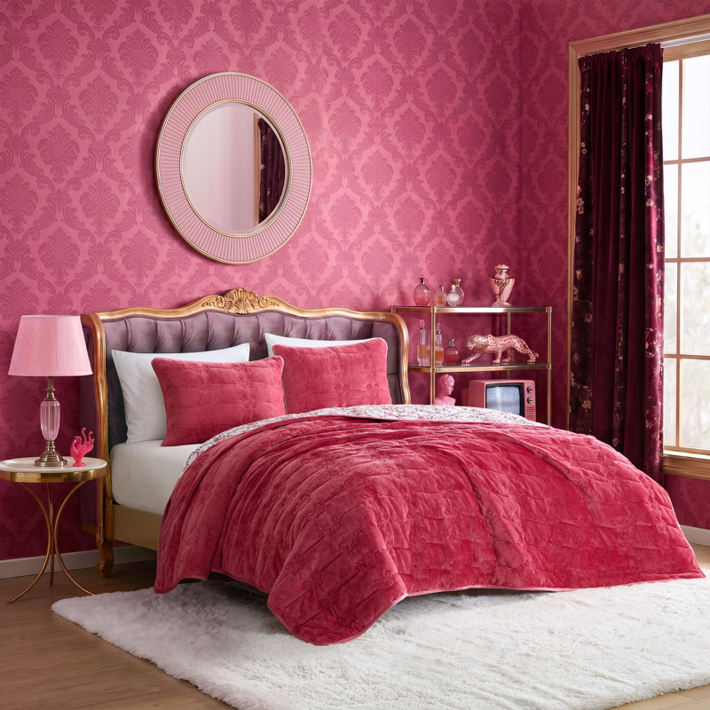 Ensemble de courtepointe réversible rose Betsey Johnson, King