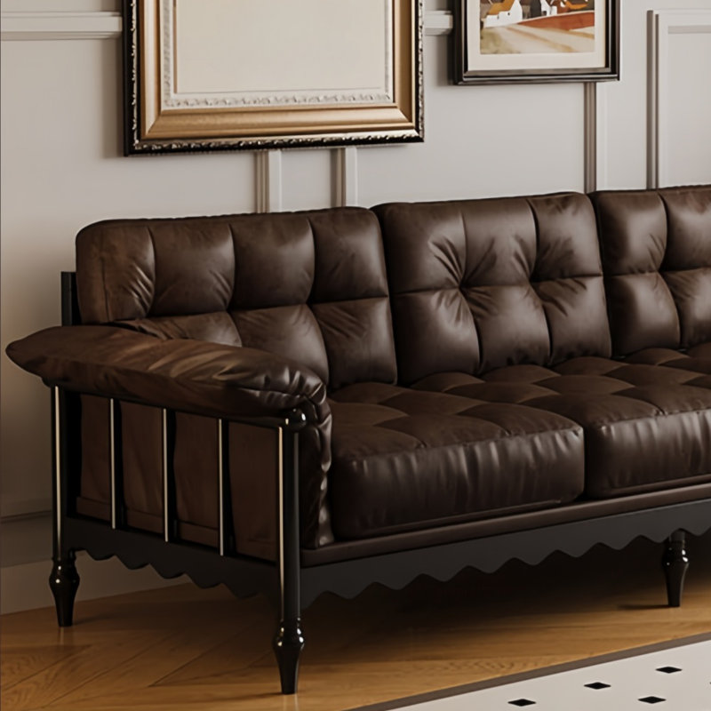 Retro Solid Wood Straight Sofa, Dark Coffee
