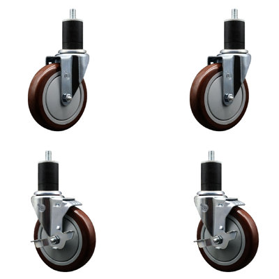 5 Inch SS Poly Wheel Swivel 1-3/4 Inch Expanding Stem Caster Set 2 Brakes SCC