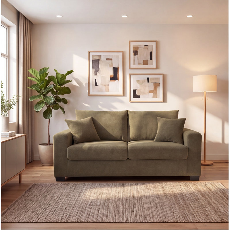 Canapé 69 pouces avec tissu texturé et tissu 2 places revêtu de café avec 2 coussins décoratifs