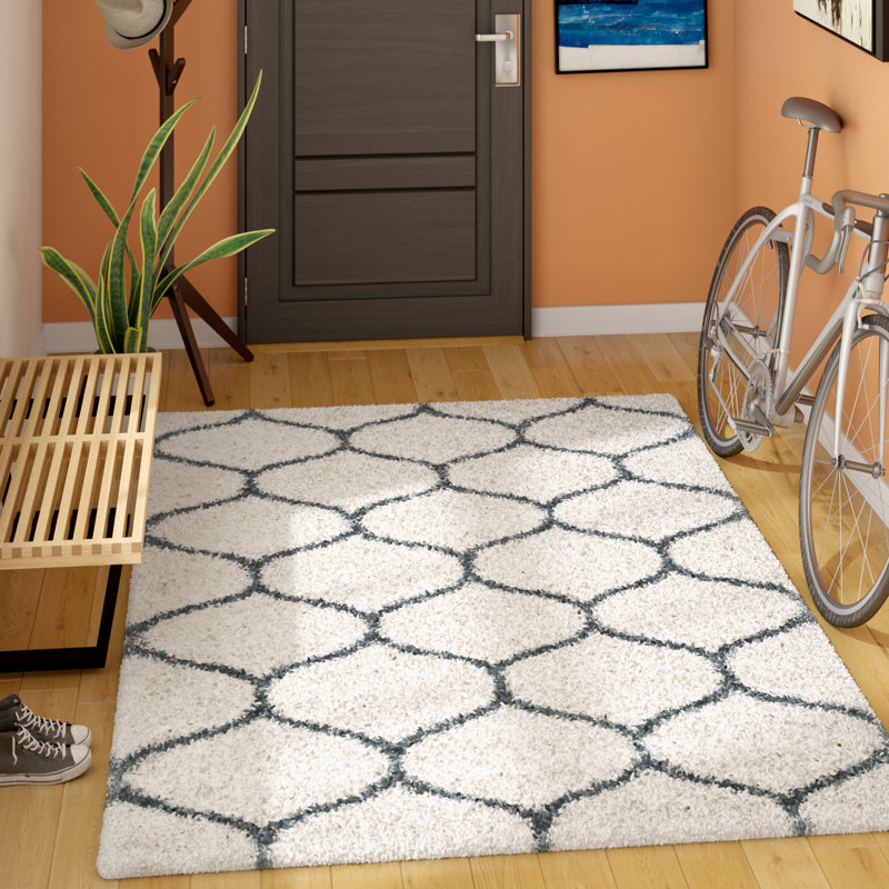 Tate Hudson Shag Performance Geometric Rug, Rectangle 9' x 12', Ivory/Slate Blue