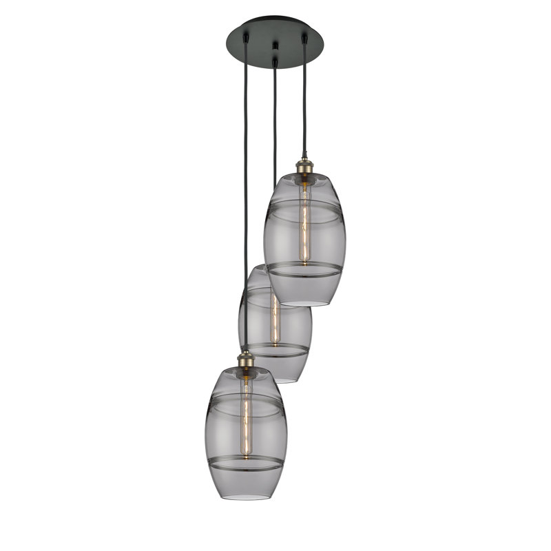 Luminaire suspendu rond / ovale 3 lumières Dundrod, H 30,38 po x l 14,5 po x P 14,5 po, Gris fumée clair, Laiton antique noir
