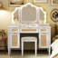 Meuble-lavabo de 43,85 po avec 13 lumières à DEL de style, 3 niveaux d'éclairage, miroir à trois volets, 5 tiroirs et tablettes, charge pour la chambre à coucher, bureau de maquillage d'apparence naturelle, modes classiques, tiroirs de rangement,