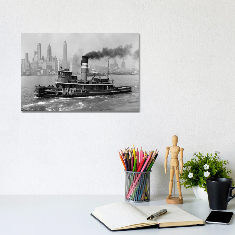 1940s Steam Engine Tugboat On Hudson River With New York City Skyline In Smokey Background Outdoor - Wrapped Canvas Print