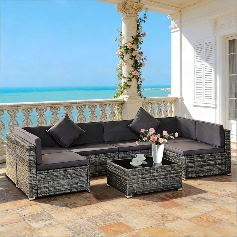 7-Piece Outdoor Wicker Sofa Set,Outdoor Conversation Sofa Set,Garden Rattan Furniture Set, Gray, Gray