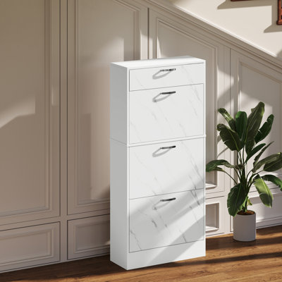 HOMCOM Marble Shoe Cabinet with 3 Drawers, Adjustable Shelves, White