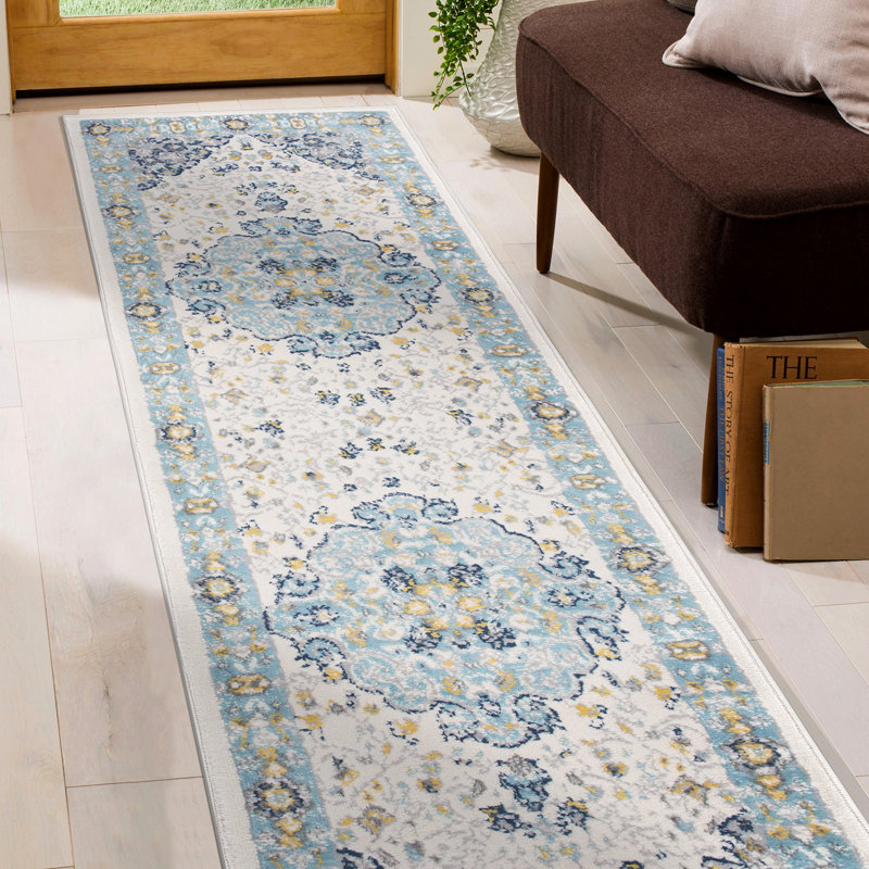 Barlow Oriental Cream/Blue/Yellow Indoor Rug, Runner 2' x 7'