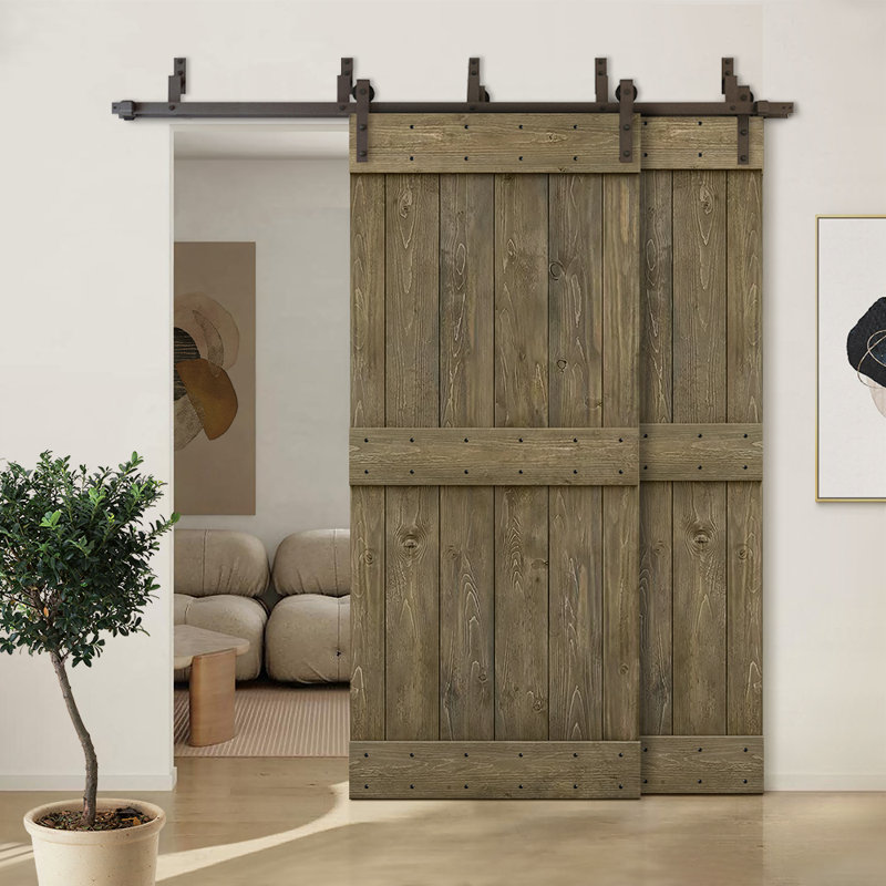 Porte de grange double à panneaux en bois teinté à panneau Mid-Bar, Tonneau vieilli, 52 po x 84 po