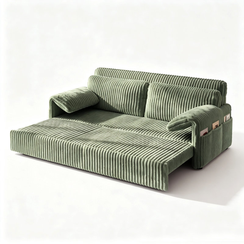 Canapé-lit convertible 3 en 1 de 202 cm (79,5 po), format King, en velours côtelé, avec coussins d'accoudoirs et poches de rangement latérales