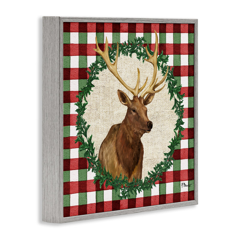  «Plaid Holiday Elk», art de la giclée encadrée par Paul Brent, H 12 po x l 12 po, Estampe numérique Farmhouse
