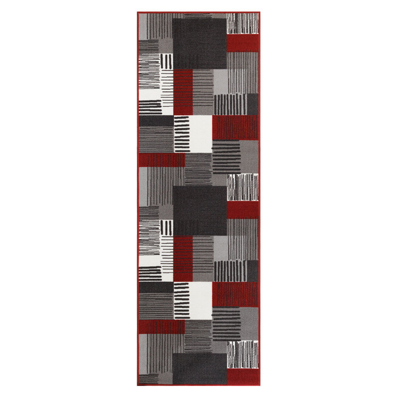 Tapis en polypropylène tissé à la machine Catarcio en rouge / gris / blanc, Tapis de couloir 2 pi x 8 pi