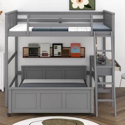 Full Over Full Bunk Bed With Built-In Desk And Storage Drawers, Wooden Bunk Bed Frame With Safety Guard Rails And Ladder
