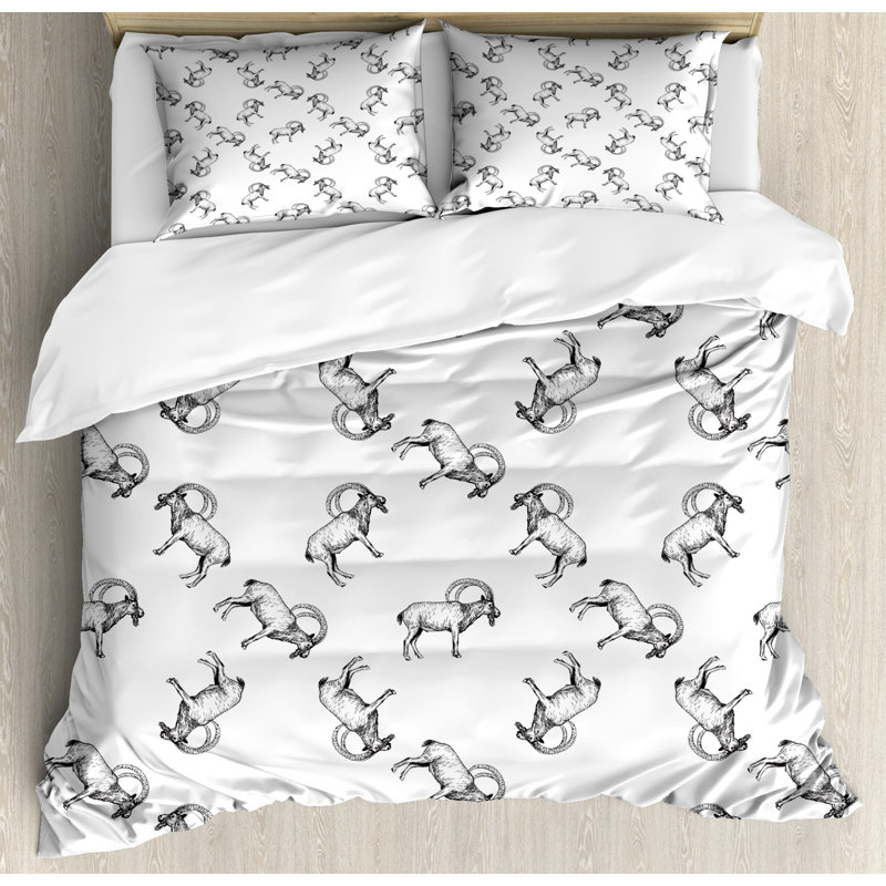 French Country Polyester Floral Duvet Cover, King Duvet Cover + 2 Shams, Sketch Mountain Goats