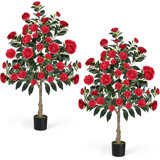 Ensemble de 3 arbres de camélia artificiels 3,9 pi - rouge