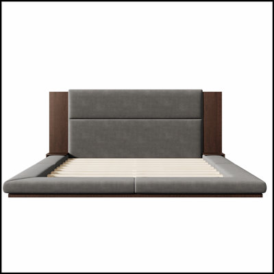 Floor Upholstered Platform Bed with Extended Wood Headboard & Bedside Shelf, Perfect for Modern and Comfortable Sleeping