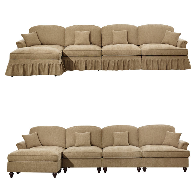 Canapé modulaire classique en L à 4 places avec repose-pieds Classic - canapé en chenille avec jupes à volants amovibles et pieds fuselés, canapé convertible à assise profonde pour le salon