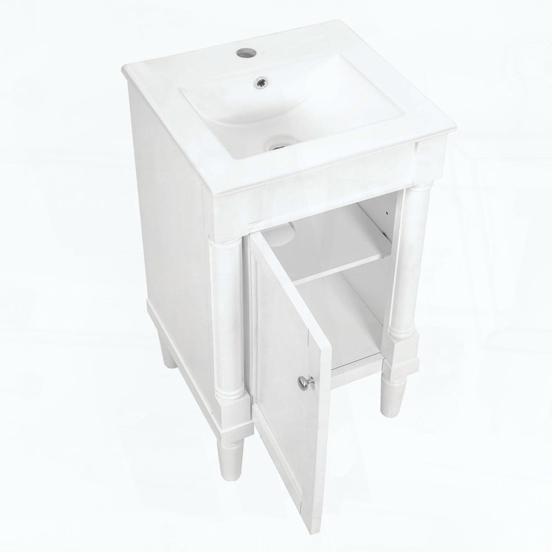 Meuble de salle de bain de style français avec lavabo en céramique, tablette réglable et charnières à fermeture douce, blanc