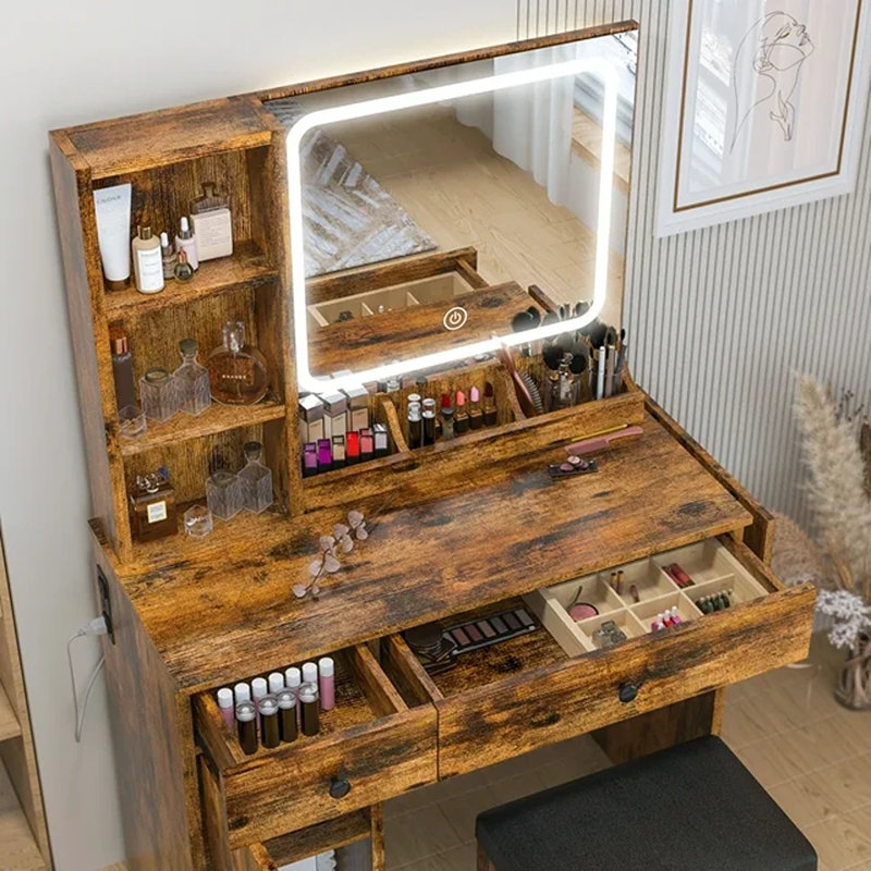 Ensemble de coiffeuse avec miroir lumineux à DEL et prise de courant, plateau de maquillage avec 3 bibliothèques ouvertes, 3 casiers, 2 tiroirs, table de commode pour chambre à coucher, vestiaire