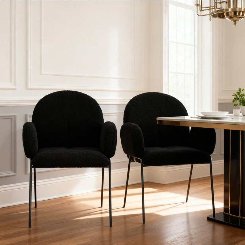 Modern Upholstered Boucle Dining Chair with Armrests and Large Seat, Black