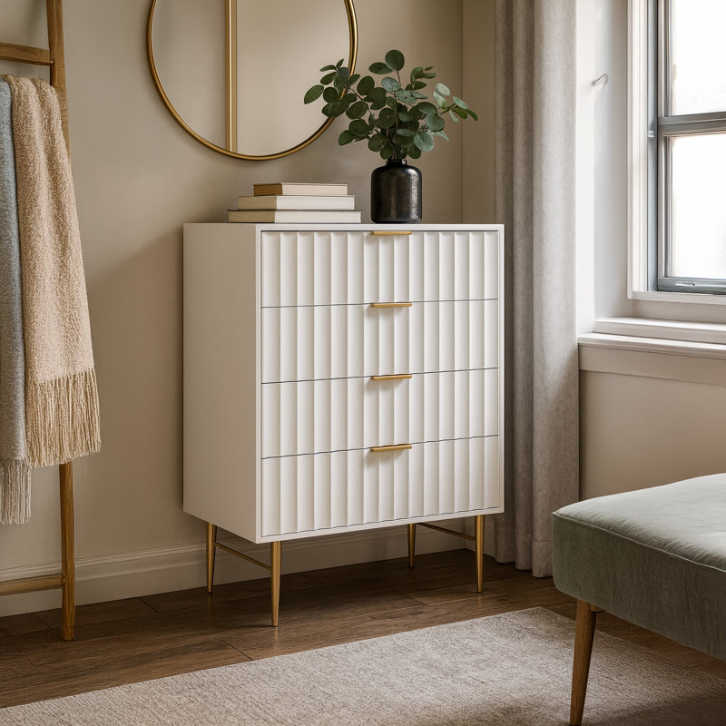 Commode 4 tiroirs Jayvonni, Blanc / or