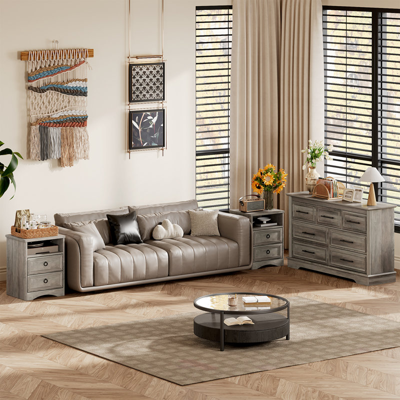  Ensemble de chambre à coucher 3 pièces - commode 7 tiroirs et 2 tables de chevet 2 tiroirs, gris délavé