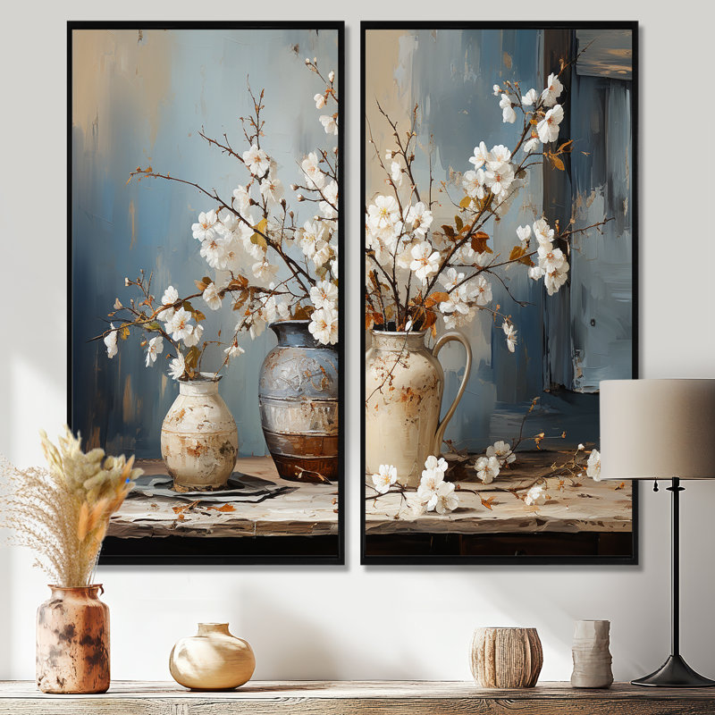 Art mural de poterie et de fleurs nature morte I - grands arbres, H 20 po x l 24 po, Noir, Impression encadrée flottante