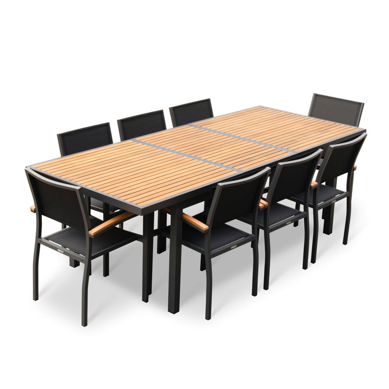 Heck Rectangular 8 - Person Outdoor Dining Set with Extension Teak Tabletop, Akzonobel Black/Natural