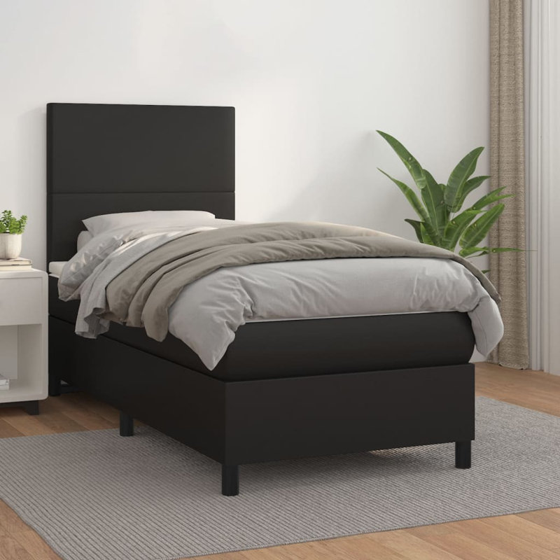 Lit sommier tapissier avec matelas en similicuir, Noir, Simple TG