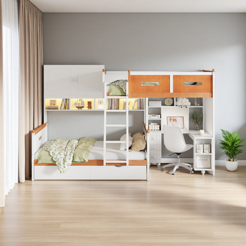 Twin Over Full Wooden Bunk Bed With Desk, Drawers, Shelves, And Cabinet, LED Light