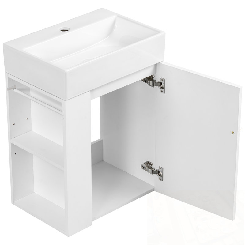 Wall Mounted Bathroom Vanity With Sink, Metal Handle And Side Storage Shelves, White