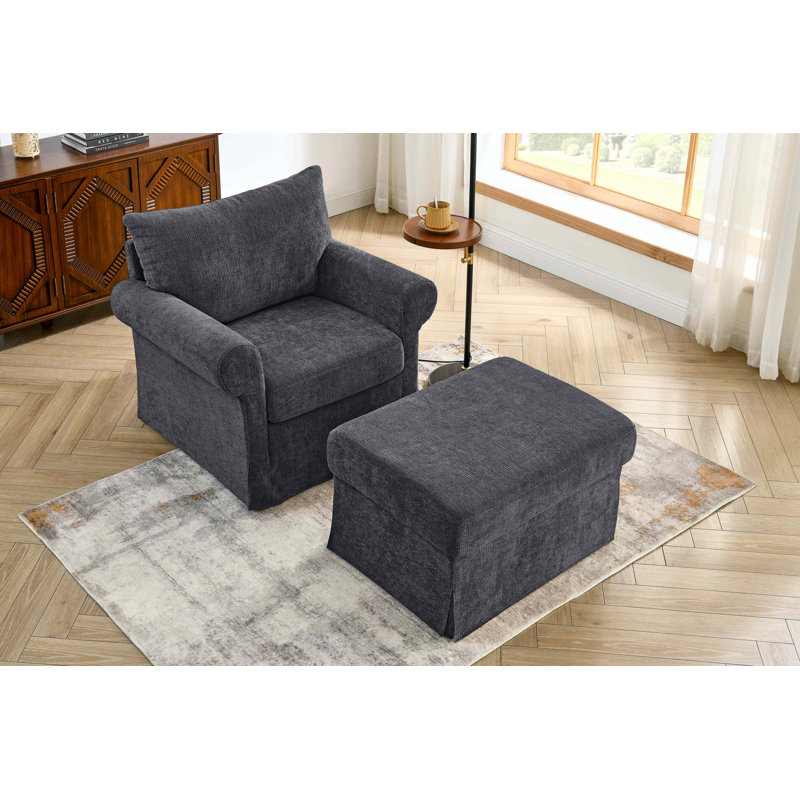 Amos 35.8" Chenille Upholstered Armchair with Storage Ottoman – Cozy 2-Piece Living Room Set, Gray