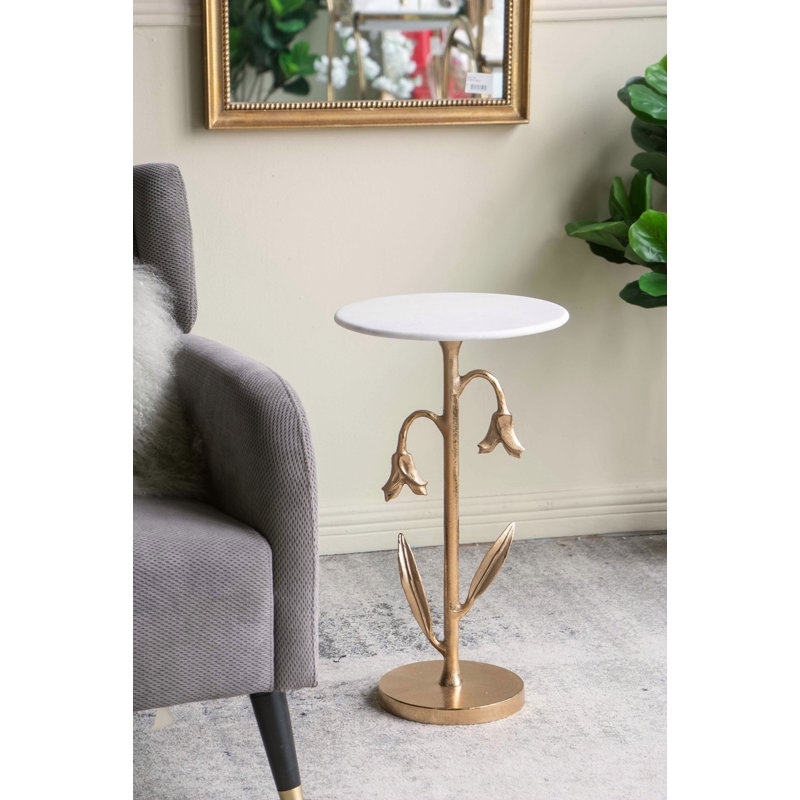 Table d'appoint tulipe dorée 14 x 14 x 24 po avec plateau en marbre blanc