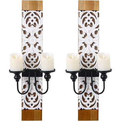 Set Of 2 Wooden Boho Candle Sconces