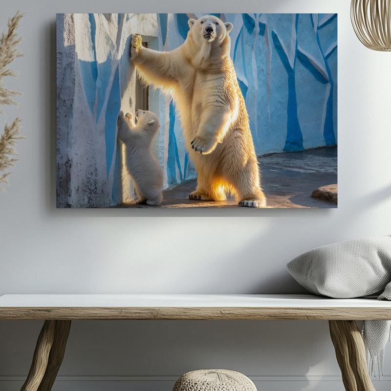Toile dans une enceinte de zoo éclairée, un grand ours polaire se tient debout contre un mur de béton texturé