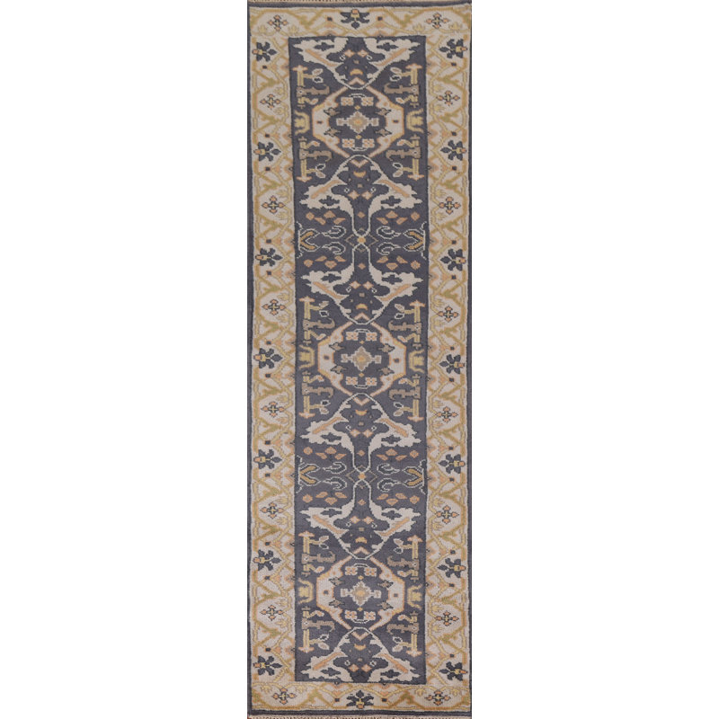 Tapis de couloir indien fait à la main bleu Oushak 3 x 10