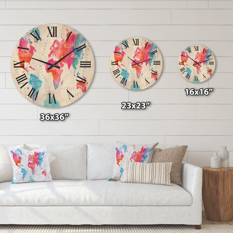 Carte du monde en rose et bleu - Horloge murale moderne en bois, Très grand